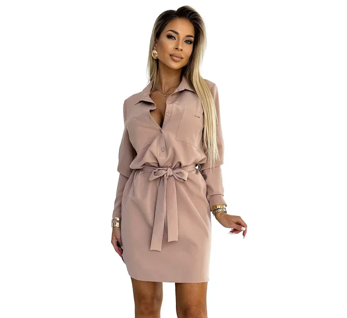 284-2 CAMILLE Košeľové šaty s vreckami a kravatou - BEACH