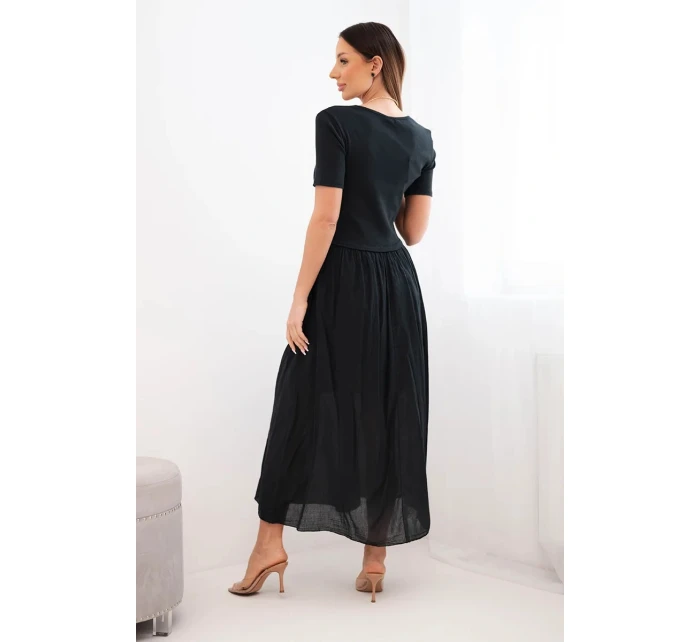 Dámske bavlnené midi šaty s krátkymi rukávmi a rozšírenou spodnou časťou čierne