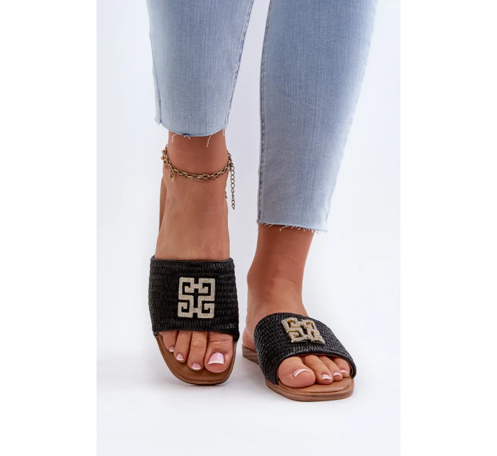 Ploché dámské žabky s pletením a ozdobou černé model 21657874 - EVENTO