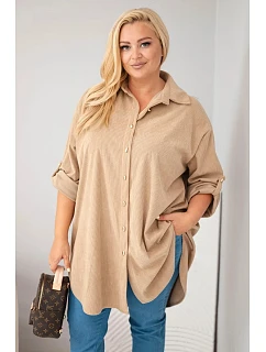Dámska košeľa Plus Size z viskózového manšestru s odnímateľnými rukávmi v kamelovej farbe
