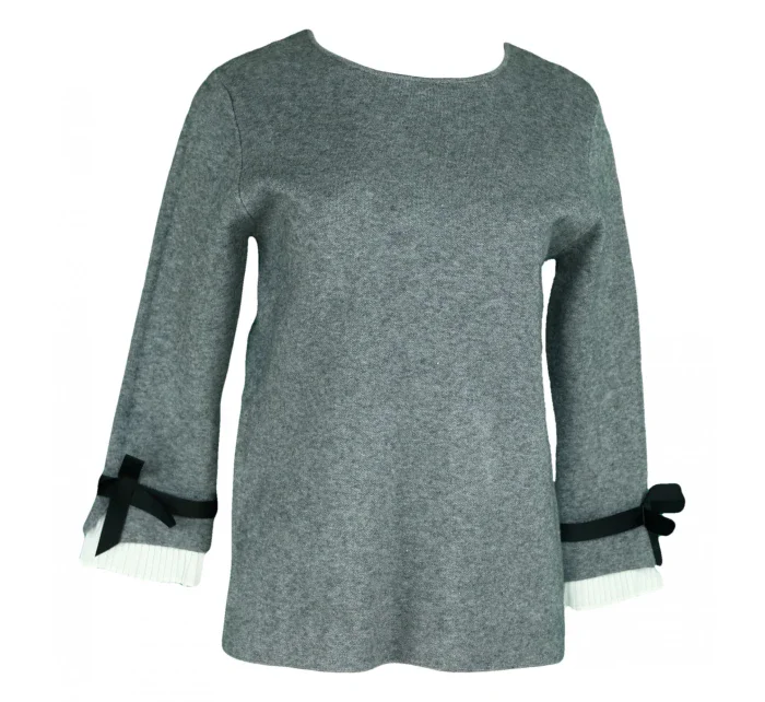 Dámsky sveter na rukávoch zdobený bielym plisovaným volánikom a čiernou stužkou SW 0202 - Gemini