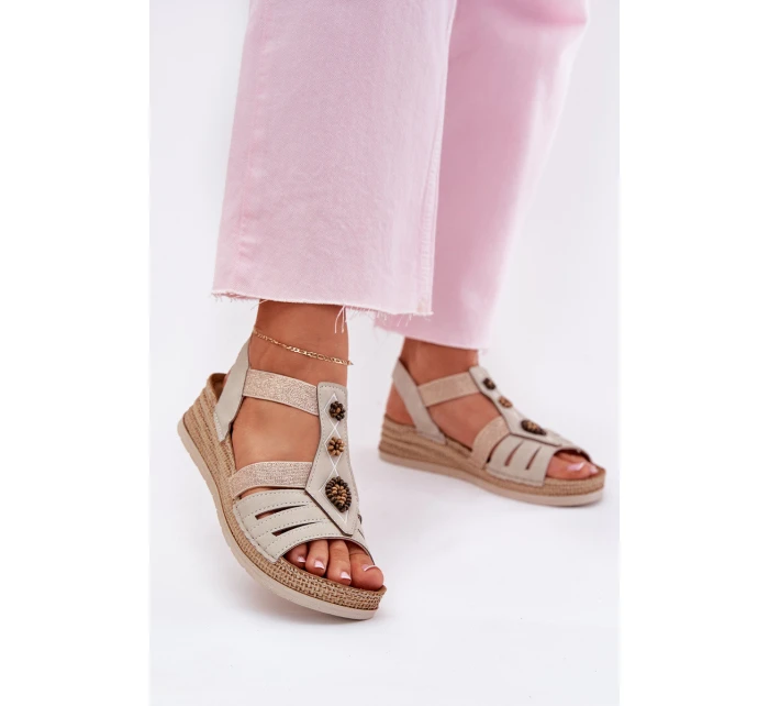 Sandały Damskie Na Koturnie Z Ozdobami Inblu RV000015 Jasnobeżowe
