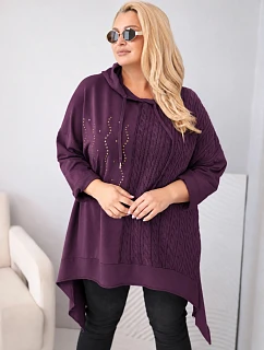 Dámská bavlněná mikina Plus Size s kapucí a model 22401369 vsadkou švestková - K-Fashion