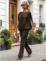 Dámska viskózová súprava so širokými nohavicami, hnedá, FashionStreet AY1201
