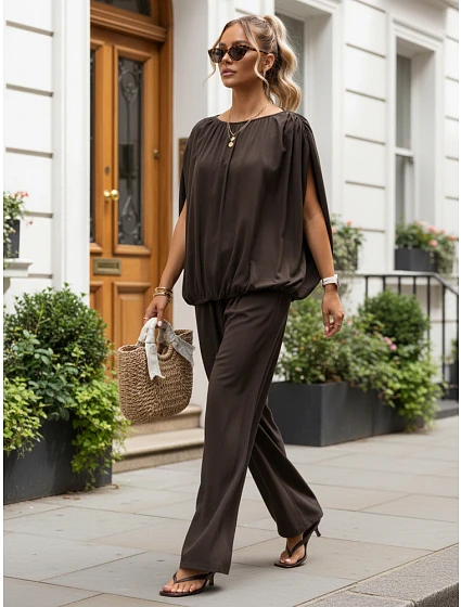 Dámska viskózová súprava so širokými nohavicami, hnedá, FashionStreet AY1201