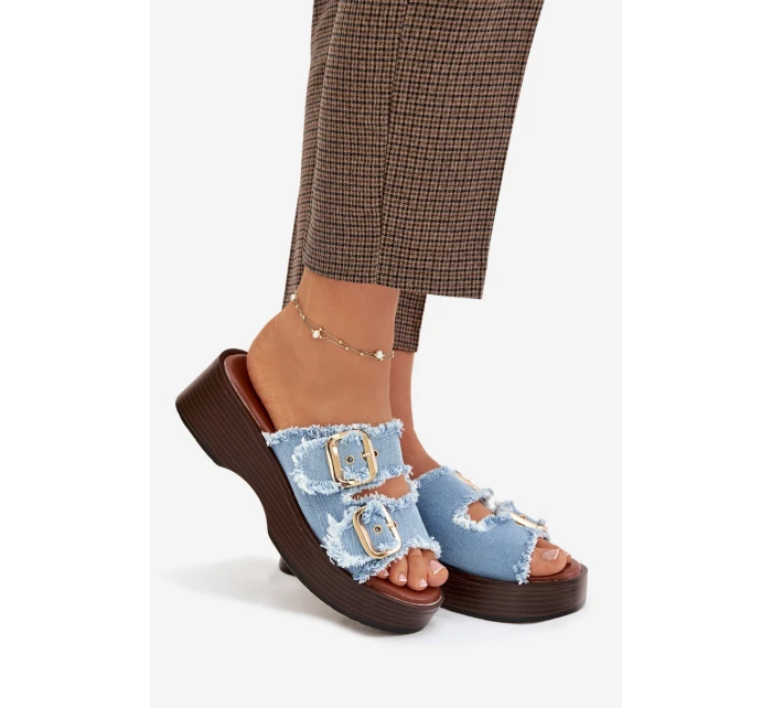 Dámské pantofle na platformě se zlatými sponami modré Renelisse