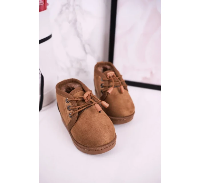 Dievčenské šnurovacie snehové topánky s kožušinou Brown Hunter