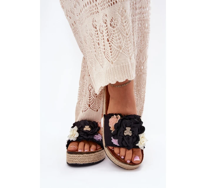 Klapki Damskie Z Kwiatami Platforma Z Plecionką Czarne Zenvanis Klapki Damskie Z Kwiatami Platforma Z Plecionką Czarne Zenvanis