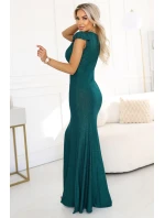 598-2 IRINA oslnivé dlhé šaty s brokátom, obálkovým výstrihom a rozparkom na nohách - fľaškovo zelené