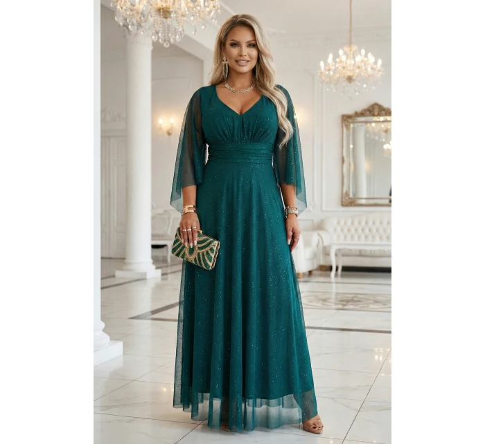 Dlouhé lehké třpytivé šaty s výstřihem a rukávy zelené model 21802212 - numoco basic Dlouhé lehké třpytivé šaty s výstřihem a rukávy zelené model 21802212 - numoco basic