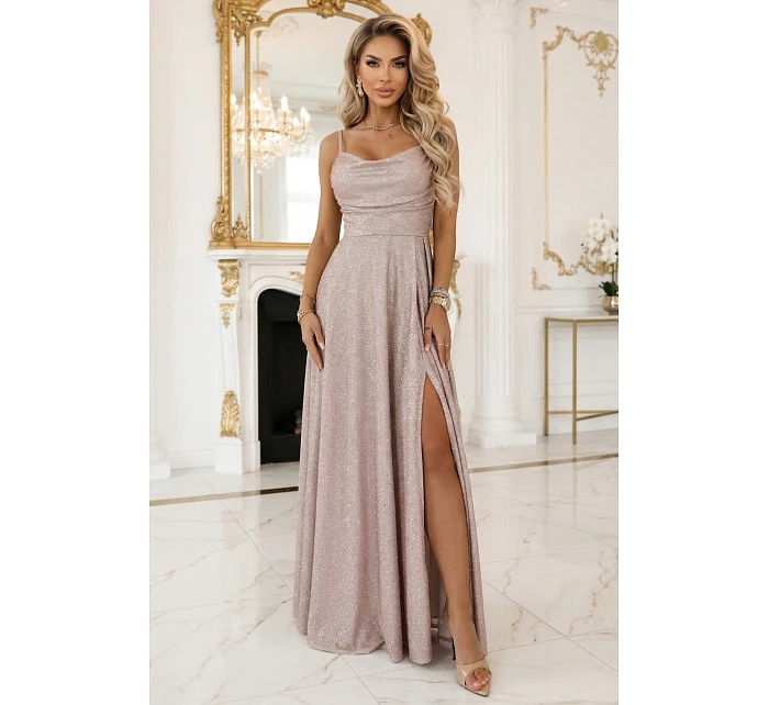 589-4 Dlhé šaty s jemnými trblietkami a korzetovým viazaním vzadu - béžovo-ružové s trblietkami