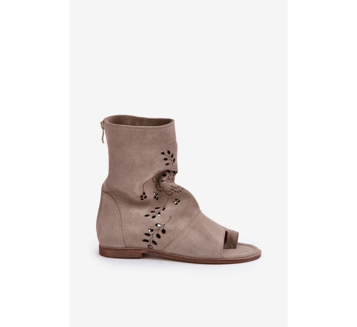 Zazoo 3437 Damskie Zamszowe Sandały Z Cholewką Na Zamek Beżowe