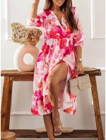 Ružové dámske šaty so skladaným obálkovým výstrihom (704)