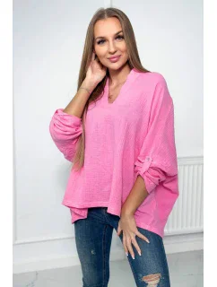 Mušelínová blúzka s vyhrnutými rukávmi tmavo ružová