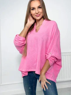Mušelínová blúzka s vyhrnutými rukávmi tmavo ružová