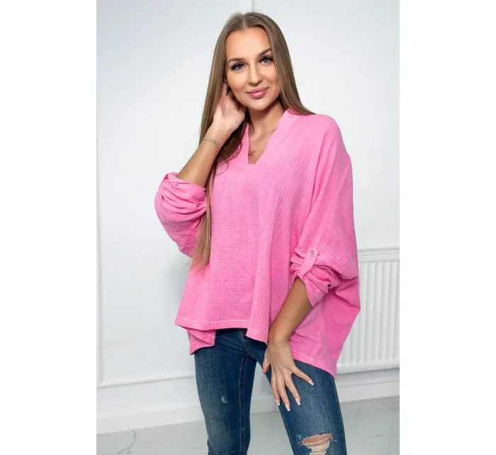 Mušelínová blúzka s vyhrnutými rukávmi tmavo ružová