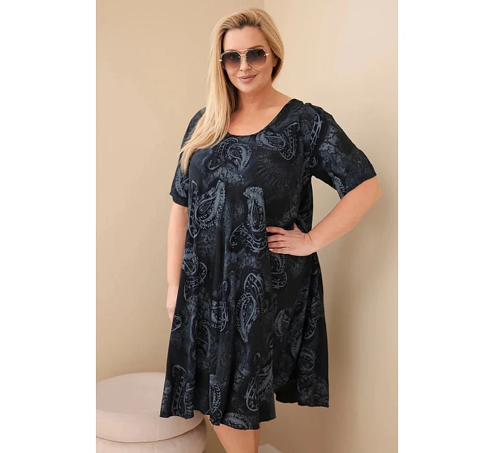 Dámske plus veľkosť viskózové šaty s krátkymi rukávmi a stojačikovým strihom čierne