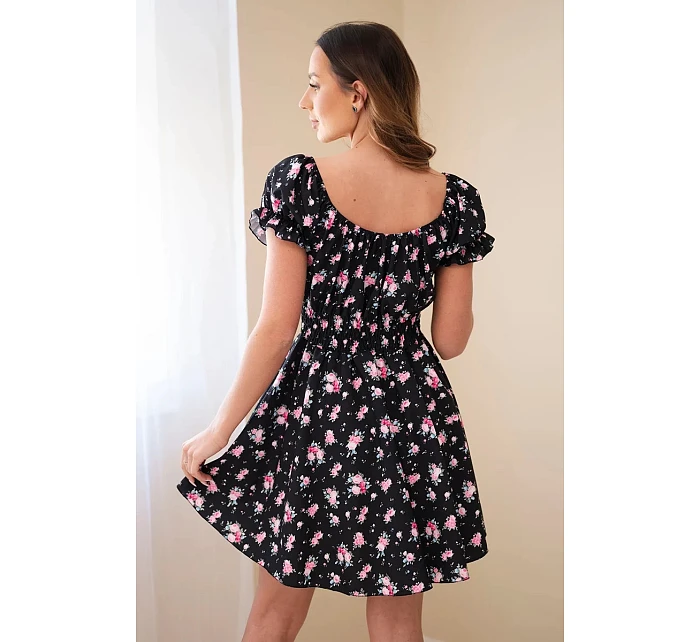Dámske kvetinové šaty s volánovými rukávmi a elastickým pásom čierne