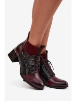 Zazoo 60503 Skórzane Botki Na Obcasie Ocieplane Bordowe