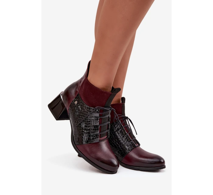 Zazoo 60503 Skórzane Botki Na Obcasie Ocieplane Bordowe