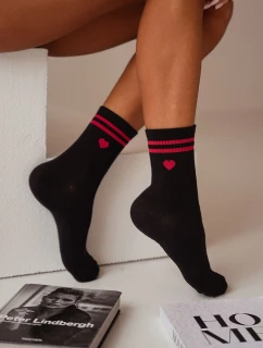 Dámske bavlnené ponožky so srdcom a pruhmi - čierne