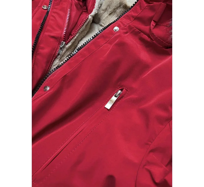 Červená-tmavobéžová dámska zimná bunda s machovou kožušinovou podšívkou (w553)