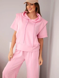 Dámska súprava maslová mikina s kapucňou a voľné nohavice so šnúrkou candy pink
