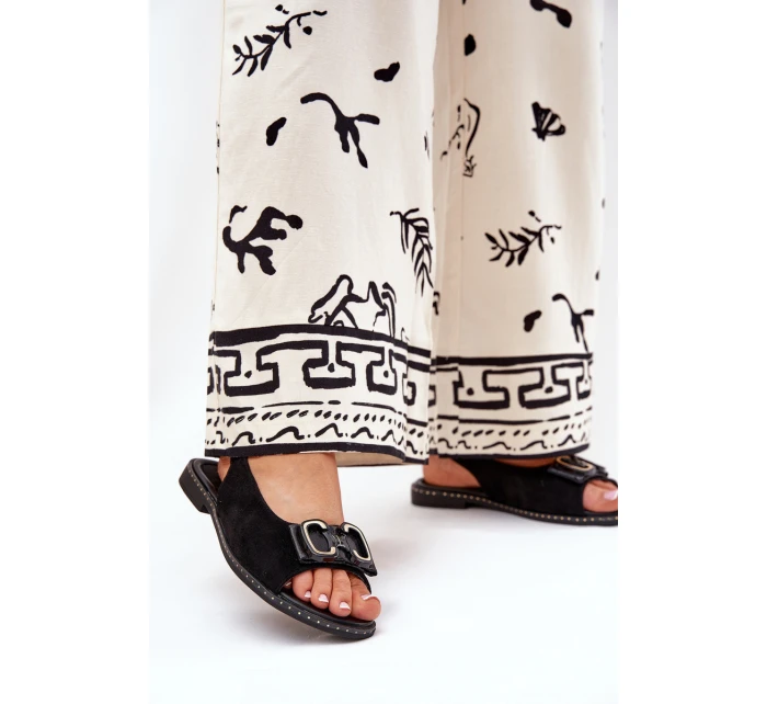 Płaskie Sandały Z Ozdobą Eko Zamszowe Czarne Lilria