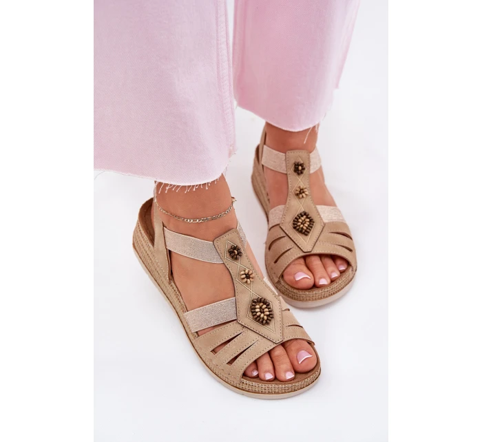 Sandały Damskie Na Koturnie Z Ozdobami Inblu RV000015 Beżowe