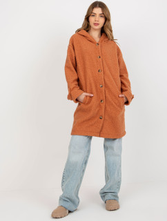Dámsky tmavo oranžový plyšový kabát s kapucňou