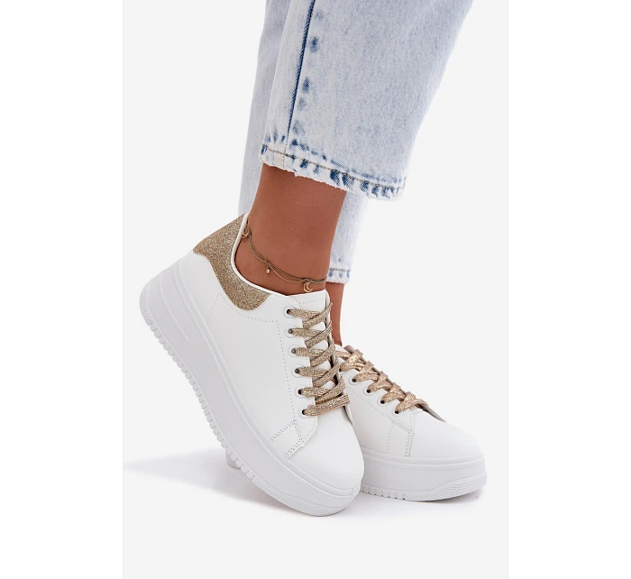 Dámské tenisky na platformě z imitace kůže bílo-zlaté se třpytkami Calinae