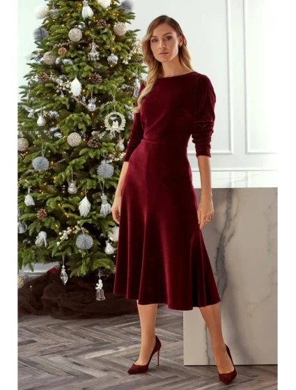 Zamatové midi šaty M557 bordová - Moe