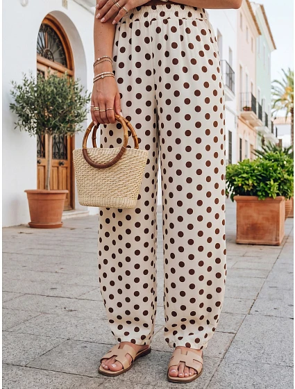 Dámske široké lyocellové nohavice béžovej farby s potlačou hrášku FashionStreet UY3069 Dámske široké lyocellové nohavice béžovej farby s potlačou hrášku FashionStreet UY3069