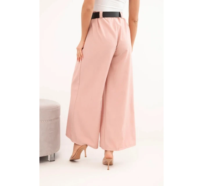 Dámske nohavice so širokými nohavicami a opaskom tmavo púdrovo ružovej farby