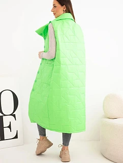 Dámska prešívaná dlhá vesta s vreckami a stojacím golierom neónovo zelená