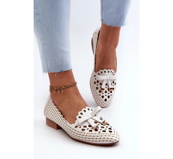 Ażurowe Baleriny Damskie Z Kokardką Białe Nestavia