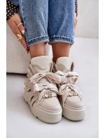 Skórzane Sneakersy Damskie Na Masywnej Platformie CheBello 4561 Beżowe