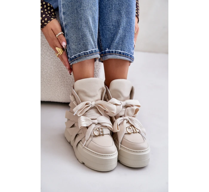 Skórzane Sneakersy Damskie Na Masywnej Platformie CheBello 4561 Beżowe