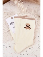 Bavlnené rebrované ponožky s medvedíkom - ecru