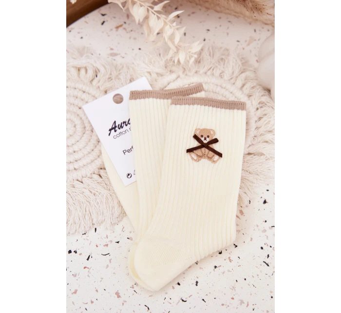 Bavlnené rebrované ponožky s medvedíkom - ecru