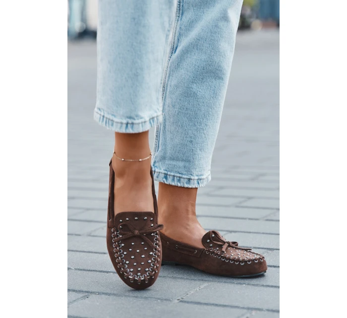 Zdobione Mokasyny Damskie Z Eko Zamszu Brązowe Prissine Zdobione Mokasyny Damskie Z Eko Zamszu Brązowe Prissine