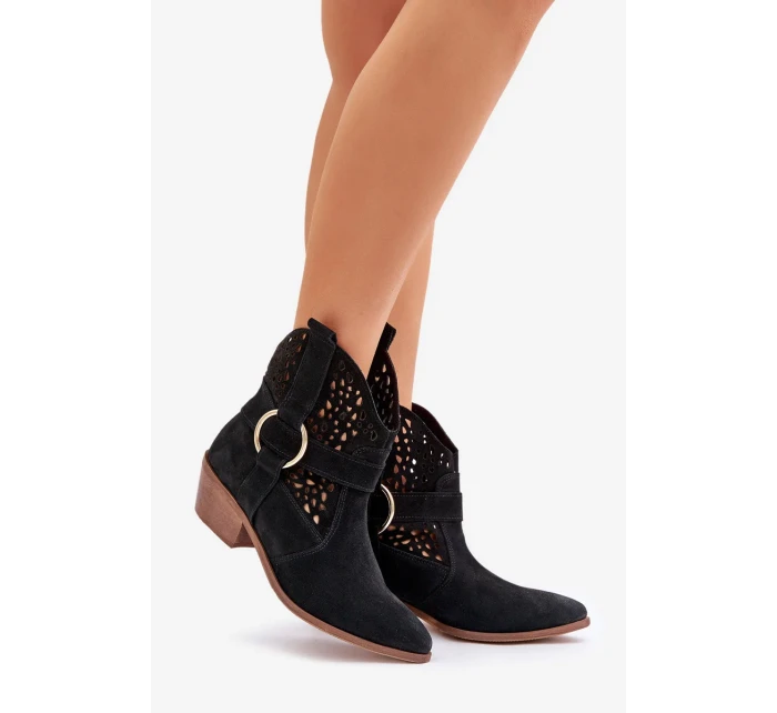 Semišové otvorené kovbojské topánky na podpätku Zazoo 2994 Black Semišové otvorené kovbojské topánky na podpätku Zazoo 2994 Black