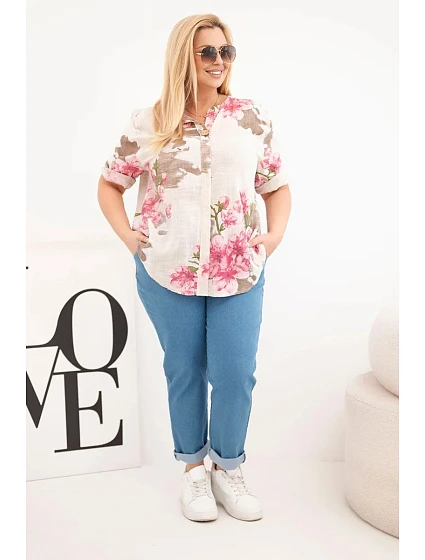 Dámská bavlněná halenka Plus Size s výstřihem do V s květinovým vzorem béžová