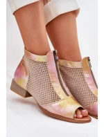 Skórzane Botki Damskie Na Płaskim Obcasie Z Odkrytymi Palcami Maciejka 06413-15 Różowo-Pomarańczowe