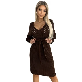 507-3 Azura svetrové šaty s výstrihom a viazaním - CHOCOLATE