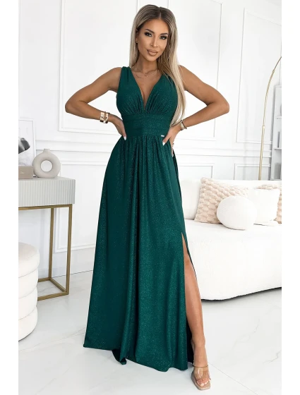 490-3 SUSAN Dlhé brokátové šaty s výstrihom a prešívaním v páse - BOTTLE GREEN 490-3 SUSAN Dlhé brokátové šaty s výstrihom a prešívaním v páse - BOTTLE GREEN