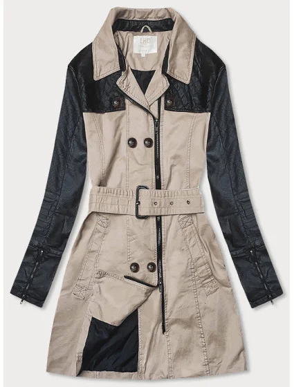 Béžový dámský kabát z různých spojených materiálů model 18311081 - LHD