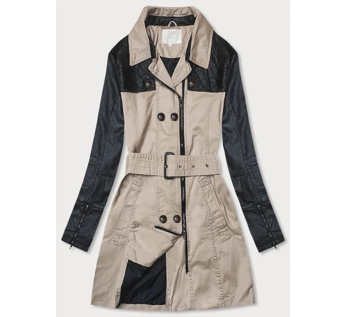 Béžový dámský kabát z různých spojených materiálů model 18311081 - LHD