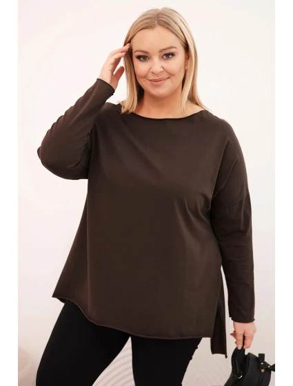 Dámská bavlněná blůza Plus Size asymetrická s dlouhým rukávem hnědá