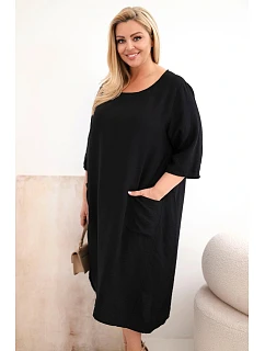 Dámske plus veľkosť viskózové šaty s vreckami krátkymi rukávmi čierne